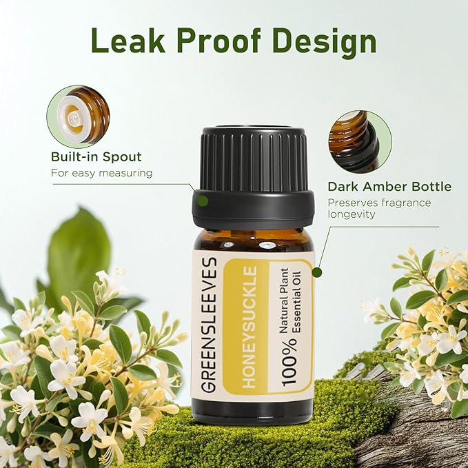 GREENSLEEVES Honeysuckle Essential Oil, 10ml Pure Plant-Based Fragrance Oil for Aromatherapy, Essential Oils for Diffuser, Air Freshener, Massage, Bath Bomb, Scented Candle Soap Making GREENSLEEVES