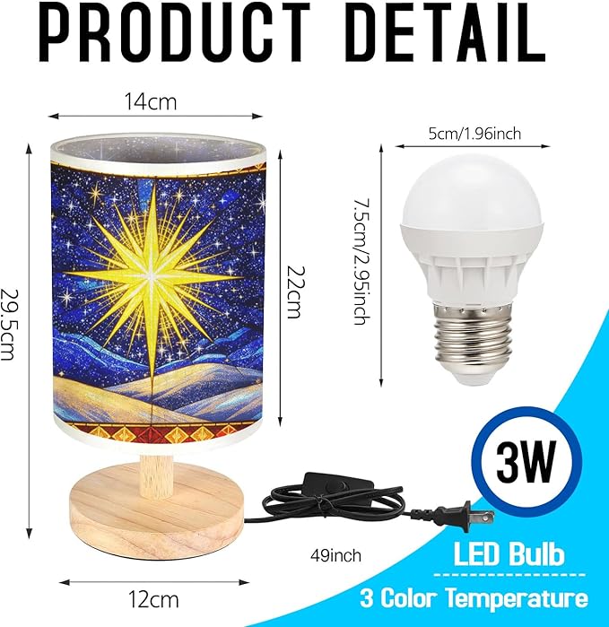 Star Christmas Table Lamp LED 3-Color Pressed Bedside, Star Christmas Shade Lamp with Wood Base for Bedroom Living Room Desk Office - Bloomnest