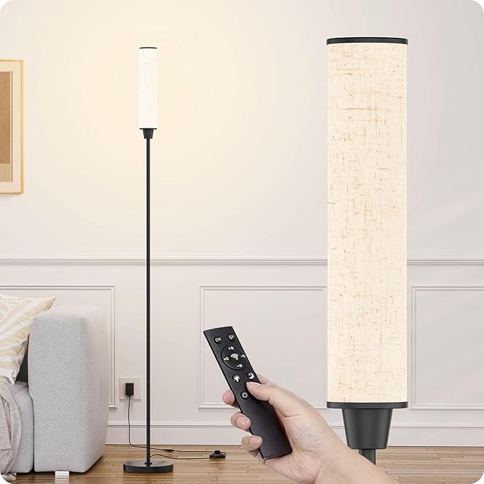 Floor Lamp with Remote Control, Floor Lamps for Living Room/Bedroom/Office, Stepless Adjustable 3000K-6000K Colors and 10-100% Brightness,Standing Light with Foot Switch (Black+Beige Linen) - Bloomnest