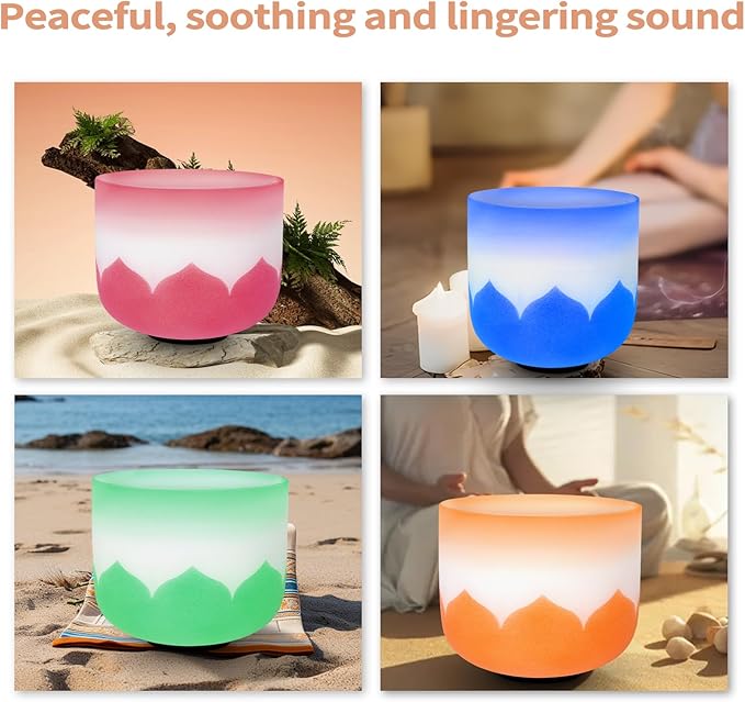 Leize 6-12 inch Lotus Design Colored Rim Chakra Tuned 432hz Set of 7 Quartz Crystal Singing Bowls with Heavy Duty Carrying Cases and Singing Bowl Mallet Suede Strikers
