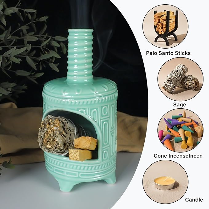 Light Green Palo Santo Burner Holder-Mini Chiminea Smudging Bowl for Palo Santo Sticks, Sage Smudge Sticks&Cone Incense Burning–Zen Decor for Energy Cleansing Unique Gift for Friends & Family - Bloomnest