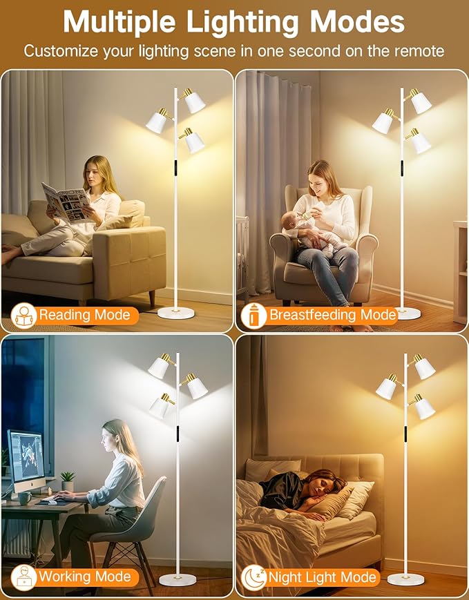 OUTON LED Tree Floor Lamp, Modern Dimmable Standing Lamp with Remote & Touch Control, 4 Color Temperatures, 3 Rotatable Lights Floor Lamps for Living Room, Bedroom, Office, White & Gold - Bloomnest