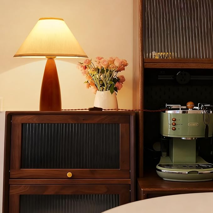 Bedside Table Lamp for Bedroom, Mid-Century Modern Plug in Fabric Shade & Solid Wood Base Desk Lamp, Plug & Play Warm Brown Nightstand Lamp for Living Room, Office, Switch Power Cord 【Bulb Included】 - Bloomnest