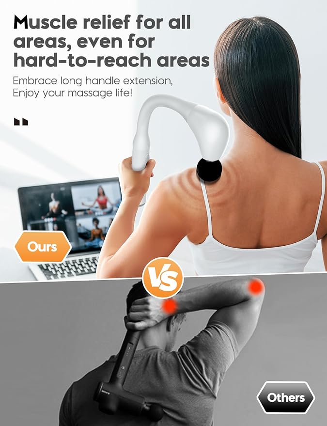 FVZ Massage Gun with Upgraded Extension Handle, 16MM Massage Gun Deep Tissue, Back Massager, Muscles/Neck/Shoulders/Waist/Legs Massager Portable for Pain Relief（White - Bloomnest