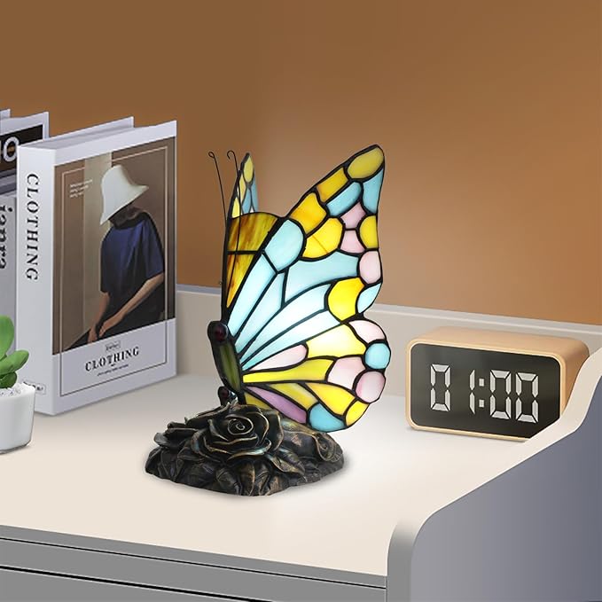 Small Tiffany Butterfly Table Lamp for Girls Bedroom Kids Bedside Desk Light Sky Blue Yellow and Pink Stained Glass Lamp Vintage Unique Style Decor Nightstand Accent Night Light Office Mothers Gifts - Bloomnest