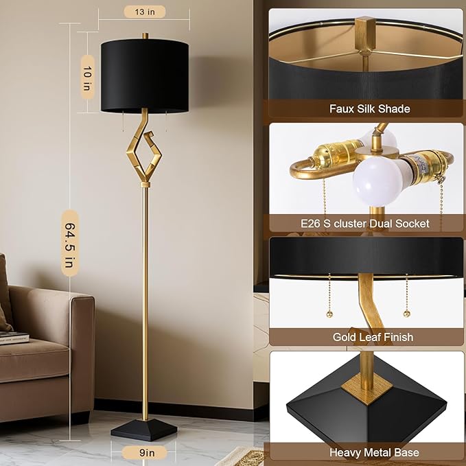 Sculptural Floor Lamp for Living Room Bedroom, 64.5” Pull Chains Standing Lamp, Gold Leaf Finish & Black Faux Silk Lamp Shade, Lighting Brightness Adjustable Lamp with Bulb Prefer for Home Decor - Bloomnest