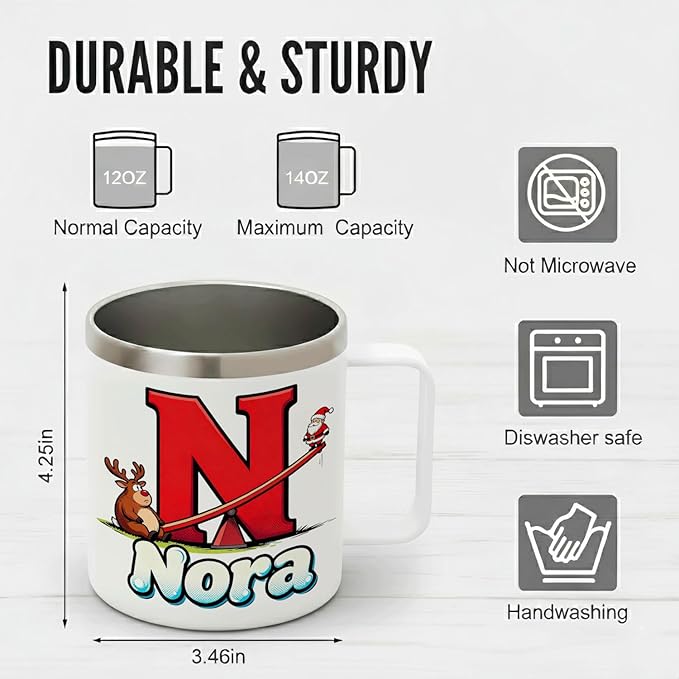 JugJug Personalized Christmas Mug with Initial & Name - Funny Seesaw Santa 12oz Insulated Coffee Cup w/Lid - Cute Xmas Gifts for Kids, Girls (B174) - Bloomnest