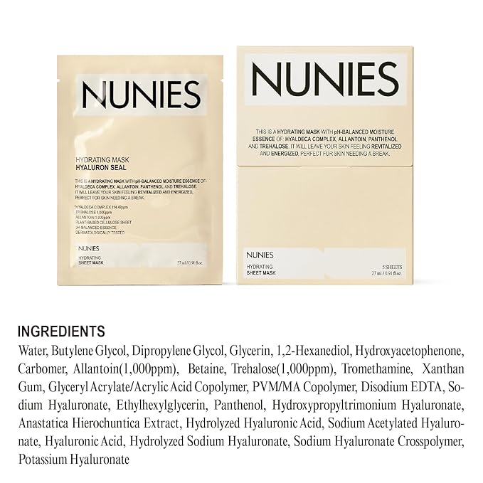 NUNIES Hydrating Sheet Mask – Korean Moisturizing Face Mask for Dry & Sensitive Skin | 10-Layer Hyaluronic Acid, Trehalose & Allantoin | Glow, pH-Balanced | Fragrance-Free, Colorant-Free | 5 Sheets - Bloomnest