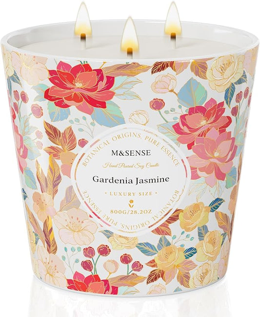 M&SENSE Gardenia Jasmine Scented Candle, 28.2oz 3 Wick Natural Soy Wax Large Candles, Long Lasting Clean Slow Clean Burning No Toxic Décor for Home Relaxation, Romantic Dates & Gift-Giving - Bloomnest