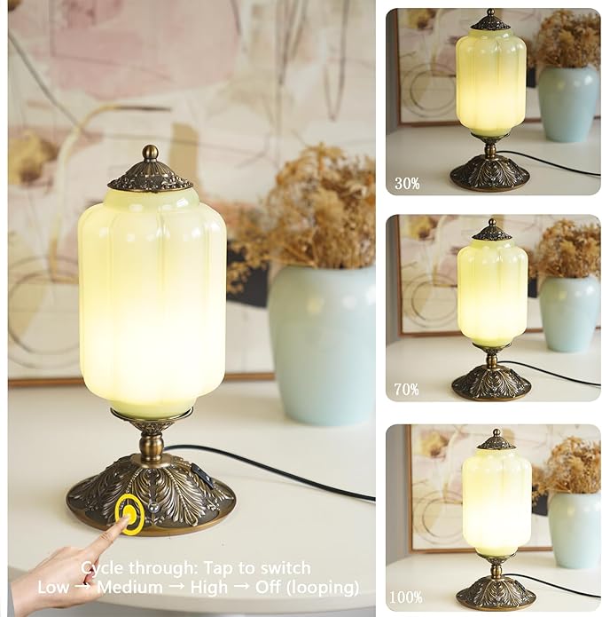 Milk Glass Touch Table Lamp, Elegant Green Jadeite Glass Bedside Desk Lamp 3 Way Dimmable with USB C+A Charging Ports - Bedroom Nightstand & Living Room Essential, 4W Bulb Included (Green, 6.5) - Bloomnest