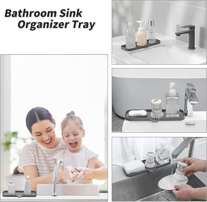Silicone Bathroom Soap Dishes with Drain Spout-Bathroom and Kitchen Sink Organizer,Sponge Holder,Dish Soap Tray,Perfect for Dispenser,Scrubber,Bottle,Cup on Sink or Counter-Grey 12"×4" - Bloomnest