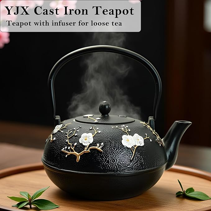 YJX 60.9oz Large Cast Iron Teapot for Stovetop, Japanese Tetsubin, Heavy and Durable Tea Pot, Tea Kettle with Stainless Steel Infuser for Loose Tea, Floral Pattern(1800ML) - Bloomnest