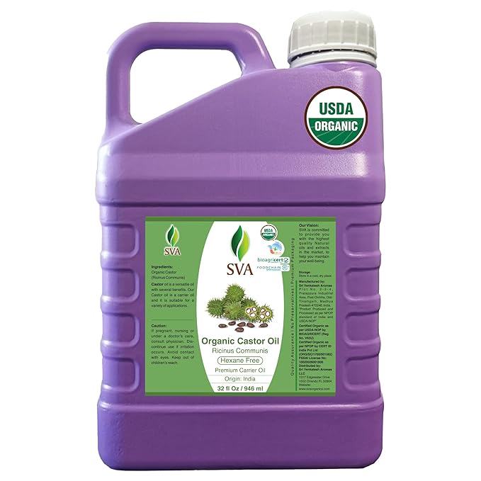 SVA Castor Seed Oi Organic - 32 Fl Oz – 100% Natural Cold Pressed Organic Castor Oil - for Face, Skin Care, Hair Care, Scalp Massage & Body Massage - Bloomnest