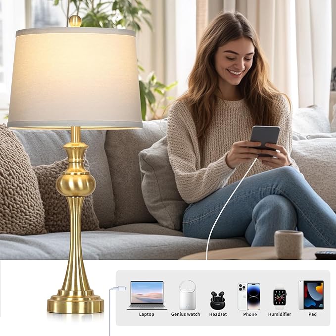 28.75'' Gold Table Lamps for Living Room, 3 Way Touch Control Bedside Lamps with USB A+C Ports & AC Outlets, Modern Metal Nightstand Lamps for Bedroom Living Room Office End Table（Bulb Included） - Bloomnest