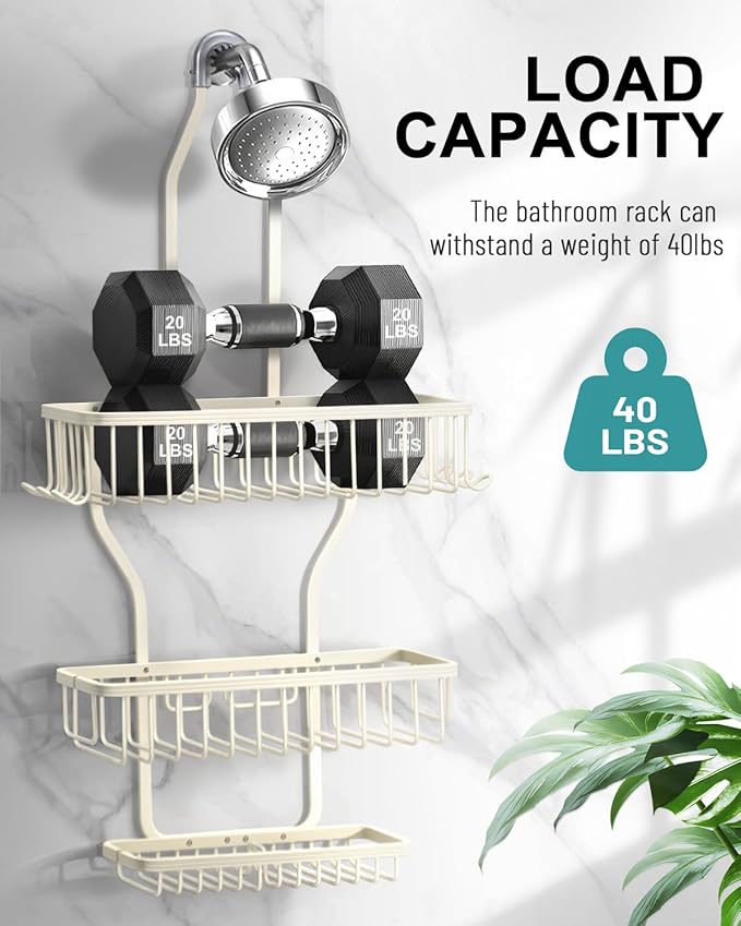Shower Caddy Hanging - Never Rust Shower Hanging Organizer - Aluminum Over the ShowerHead Caddy with Soap Basket and 6 Hooks for Razor/Sponge (Milky White) - Bloomnest