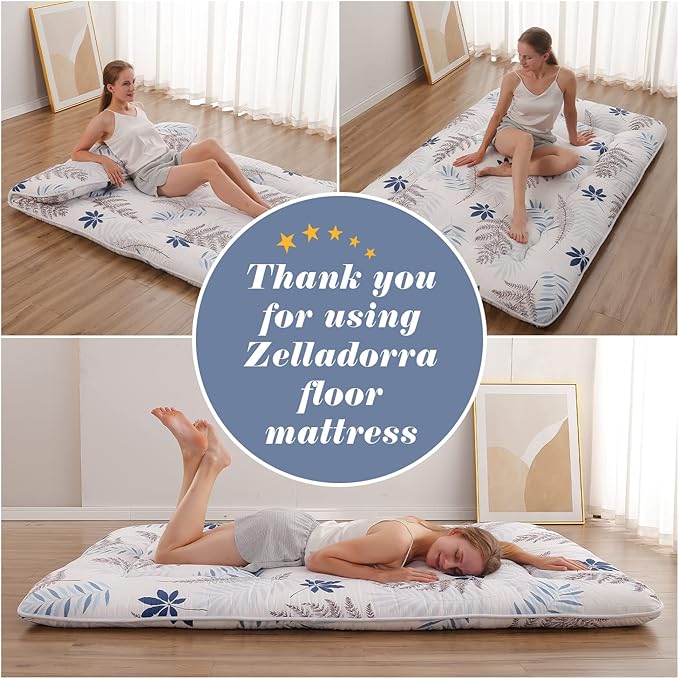Japanese Floor Mattress, Futon Mattress with Portable Storage Bag and Washable Cover, Roll Up Thick Tatami Mat Suitable for Camping, Guest Room, White Leaf, Twin - Bloomnest