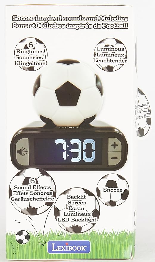 LEXiBOOK - Soccer Ball Digital Alarm Clock with Night Light Snooze, Clock, Luminous Soccer Ball, Black Colour - RL800FO - Bloomnest