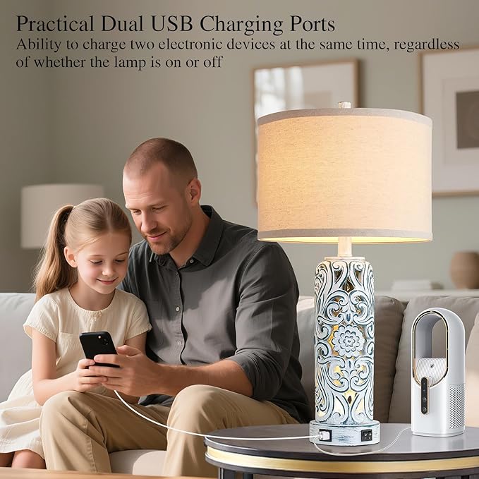 25'' Vintage Coastal Table Lamp Bedside Lamps Set of 2, Farmhouse Table Lamps with Dual USB Ports for Bedroom, Wash Blue Hollow Out Resin Lamp with Nightlight for End Table, 2 Bulbs Included - Bloomnest