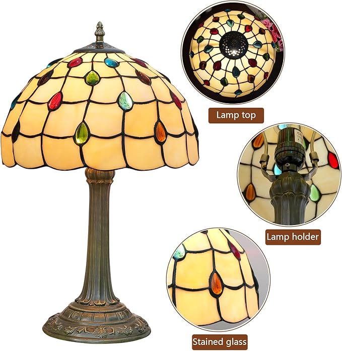 Tiffany Lamp Stained Glass lamp 12 inches Bedside Table Lamps for Living Room Bedroom Dorm Kitchen Home Decor Festival Birthday Gift,Colorful Beads - Bloomnest