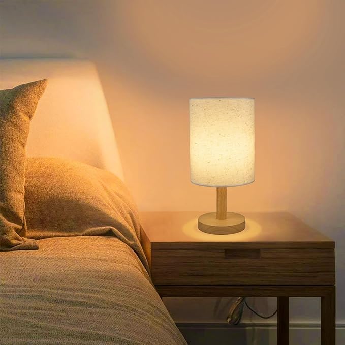 6.3in Bedside Table Lamp for Bedroom, Minimalist Nightstand Lamp with Round Fabric Linen Shade,Study Reading Desk Lamp for Kids Room, Night Table Lamp for Living Room, College Dorm, Home, Office - Bloomnest