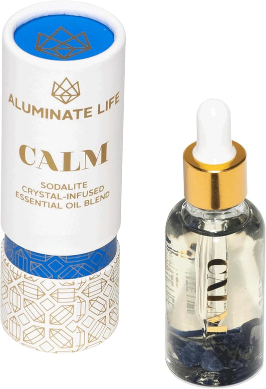 Crystal Infused Essential Oil Vial, 1 Oz, Calm - Sodalite Crystal Infused - Scents of Chamomile, Howood, & Sage - Aromatherapy Oils, Massage, Relaxing, Stress Relief