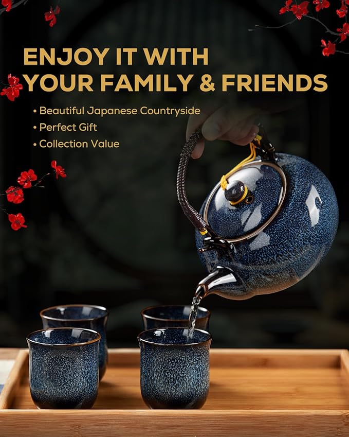 DUJUST Japanese Tea Set for 6, Kiln Altered Glaze Porcelain Tea Set with 1 Teapot, 6 Tea Cups & 1 Tea Tray, Unique Chinese Tea Sets for Adults/Tea Lovers/Women/Men, Blue - Bloomnest