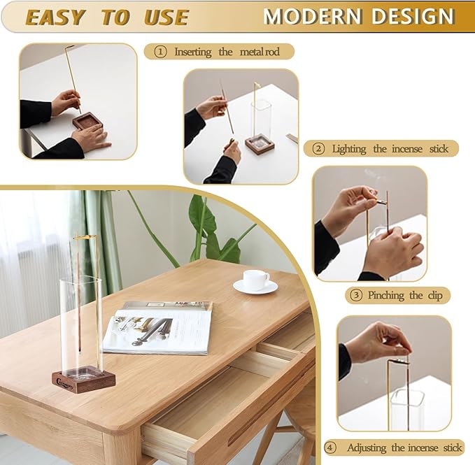 Ceremony Incense Holder, Wooden Incense Holder for Sticks with Glass Ash Catcher, Anti-ash Incense Burner with 20 Incense Sticks and a Ash Brush for Meditation Yoga Spa Room Decor - Bloomnest