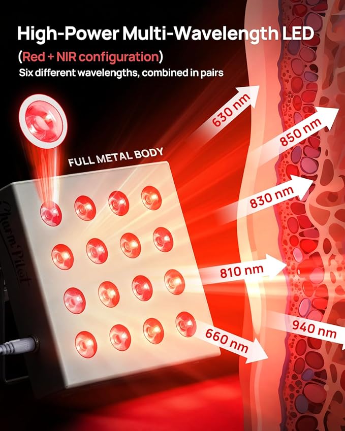 Red Light Therapy Panel for Body, 6 Wavelengths (630 nm, 660 nm, 810 nm, 830nm, 850 nm, 940 nm), 16LEDs, Near‑Infrared Light Therapy Device, Ease Discomfort and Revitalize Skin(White)