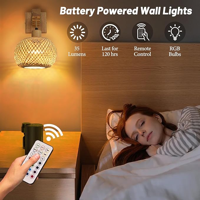 Battery Operated Wall Sconce Set of Two, Rechargeable Bamboo Wall Sconces with Remote RGB 15 Colors Dimmable, Farmhouse Boho Wall Lights for Bedroom Living Room Entryway - Bloomnest