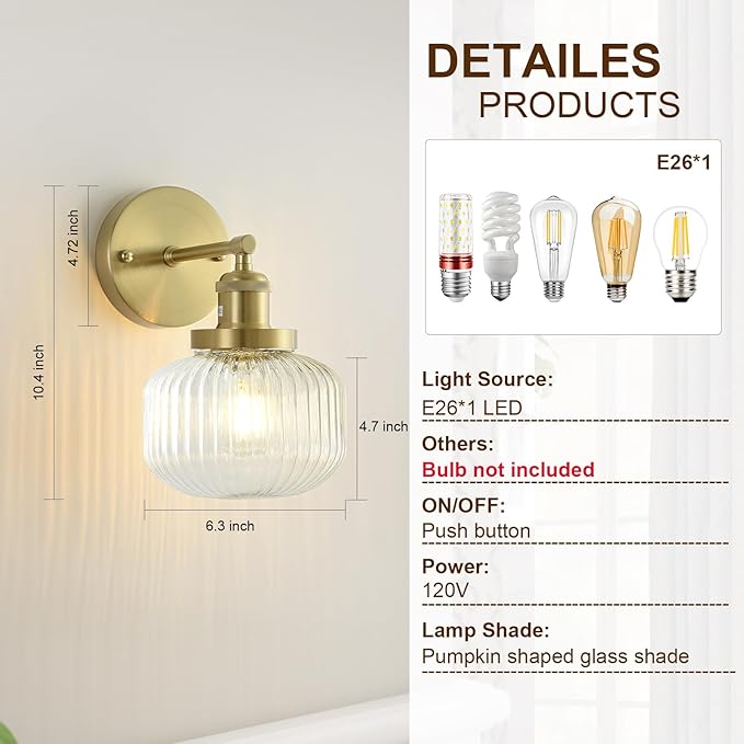 Vintage Wall Sconces with Clear Pumpkin Glass Lampshade, Indoor Bath-Room Wall Sconce, Modern Gold Industrial Lighting Fixture for Mirror Living Room Hallway 2 Pack - Bloomnest