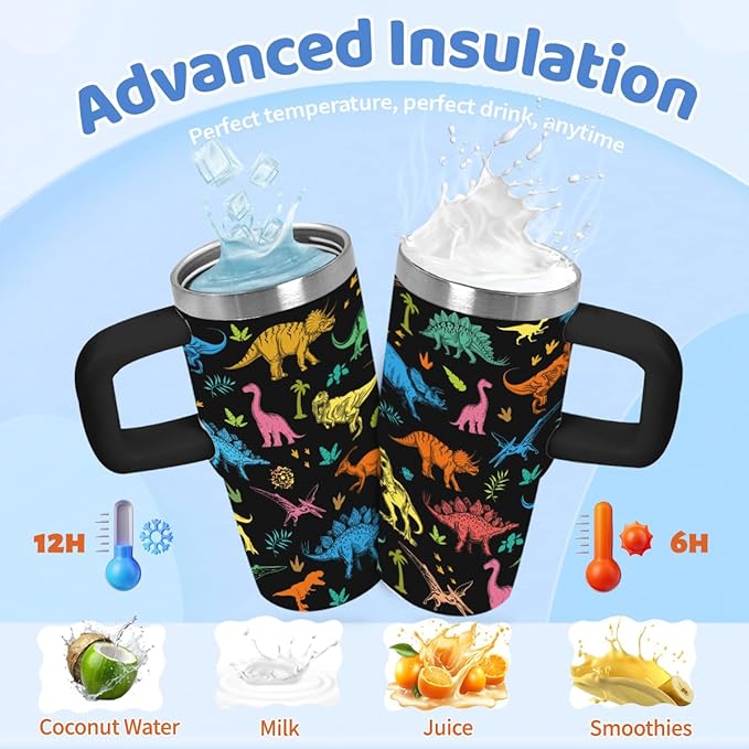 14oz Dinosaur Tumbler with Handle and Straw, Stainless Steel Vacuum Insulated Tumblers, Fathers Day Birthday Gifts for Boys, Dinosaur Lover Gifts for Son, Men - Bloomnest