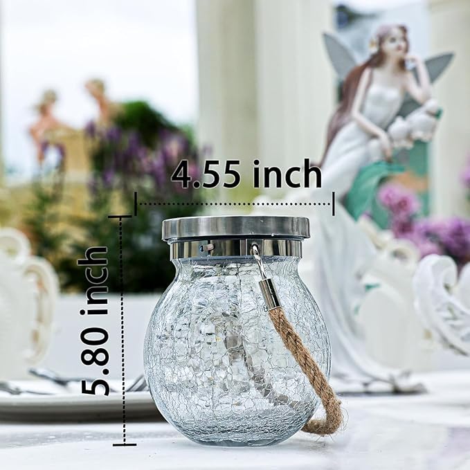 Cooo 4 Pack Heavy Crackle Glass Solar Lantern with 30 LED Firefly Lights– Waterproof Outdoor Hanging Lamp 215% Larger Solar Panel, Stainless Steel Lid Decorative Lighting for Garden Patio Table - Bloomnest