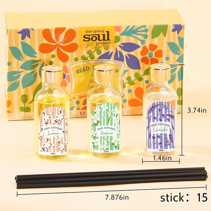 Reed Diffuser Set of 3 - Linen Lavender Jasmine Oil Diffuser with 15 Sticks, Reed Diffusers for Home Bathroom Shelf Air Freshener, 1.7 Fl. Oz Each, Total 5.1 Fl. Oz - Bloomnest