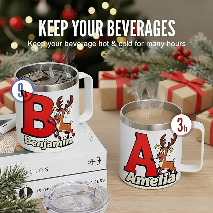 Personalized Christmas Mug with Name Initial - Funny Goofy Reindeer 12oz Insulated Stainless Steel Coffee Cup Tumbler with Handle & Lid - Silly Holiday Xmas Gifts for Kids, Boys, Men, Family (B154) - Bloomnest