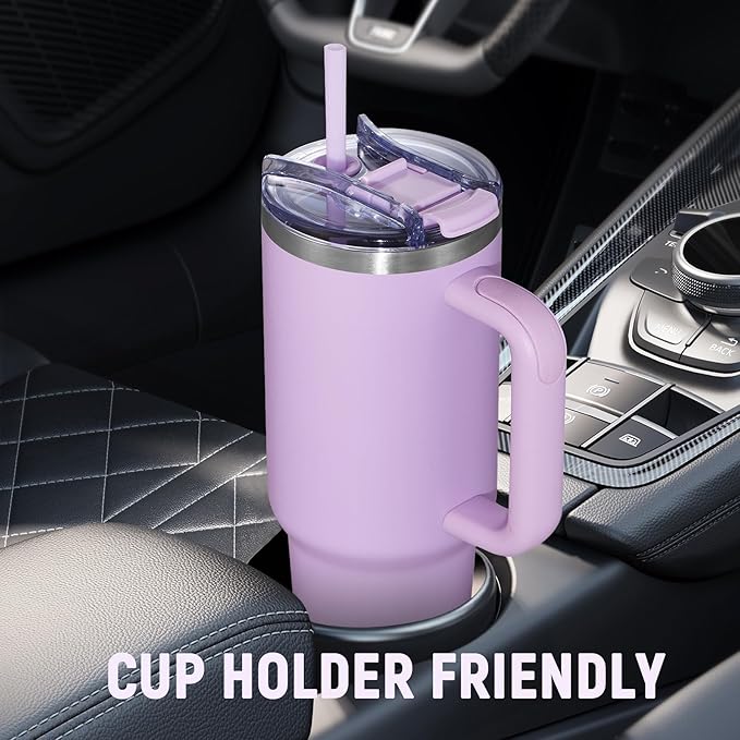 40 oz Tumbler with Handle and Straw Lid,Insulated Reusable Stainless Steel Water Bottle Travel Mug，Cupholder Friendly Double Wall Vacuum Sealed Cup (Lavender Purple) - Bloomnest