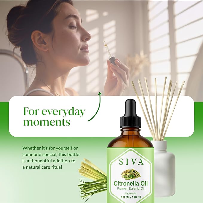 Siva Citronella Essential Oil - 4 Fl Oz – 100% Natural Citronella Oil - for Diffuser, Face, Skin Care, Aromatherapy, Hair Care, Scalp and Body Massage - with Dropper - Bloomnest
