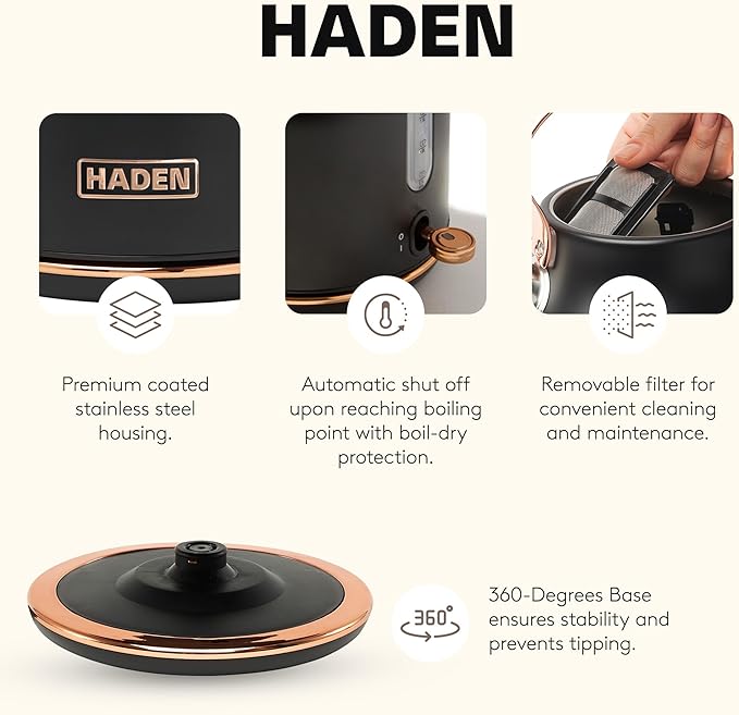 Haden Heritage 1.7 Liter Stainless Steel Electric Kettle, Hot Water Tea Kettle with 360-Degree Base and Auto Shutoff, Black & Copper - Bloomnest
