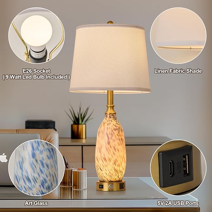 AIDENOEY 26" Modern Art Glass Table & Bedside Lamp, Stepless Dimmable Base + Dimmable 3-Color Light, USB A/C Charging Ports, Touch Control & Switch for Bedroom, Living Room, Office, Study - Bloomnest