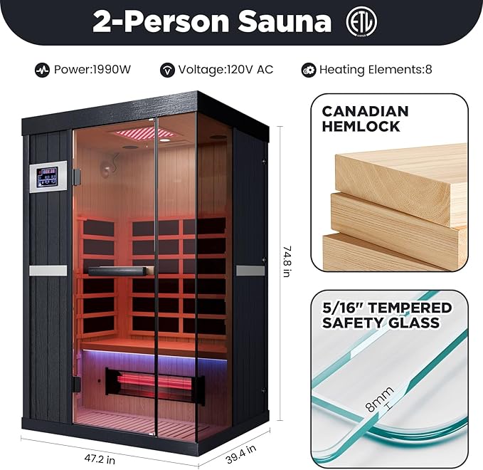 2-Person Full Spectrum Infrared Sauna, 1990W 120V with 12"*12" Red Light Therapy, 2 Speakers, Indoor Dry Sauna for Home & Gym, Canadian Hemlock Wood DAIMOT