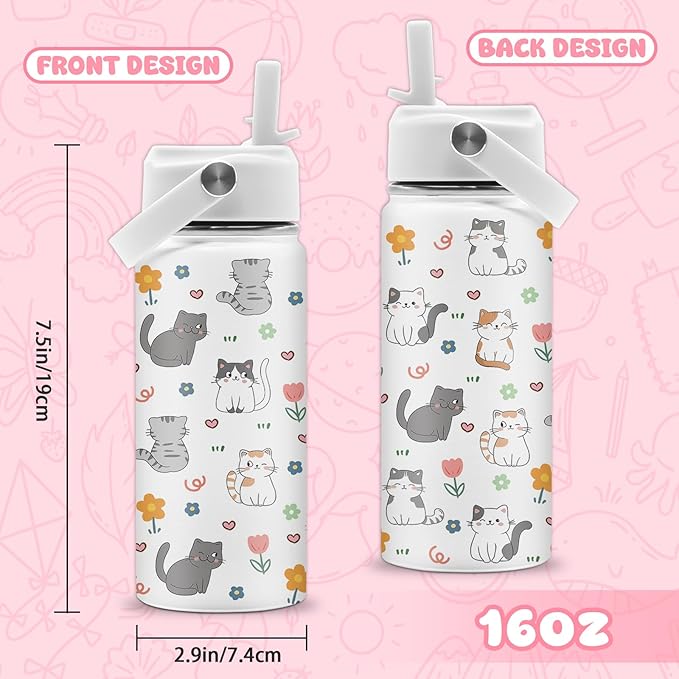 Cat Gifts for Kids, 16oz Cat Water Bottle with Straw Lid, Stainless Steel Insulated Tumbler for Girls, Cats Lovers Present for Kids Teen Girls Boys Women - Bloomnest