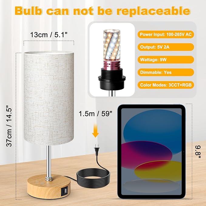 Unicozin Small Table Lamp, 3CCT & 7 RGB Color Changing, Dimmable Nightstand Lamp with Wood Grain Base, Touch Bedsides Lamp for Bedroom, Office, Kids Room, Nursery, Party, Beige Shade - Bloomnest
