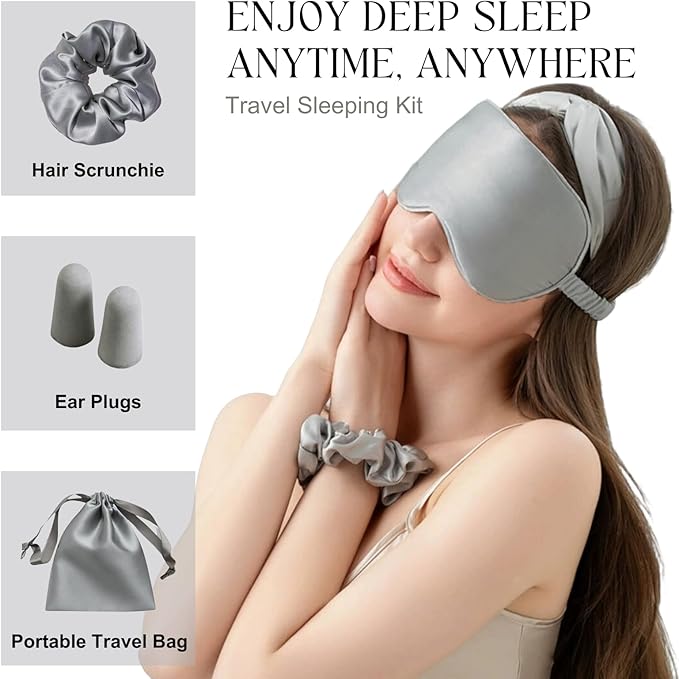 Silk Satin Sleeping Eye Mask, Silvergrey Sleep Eye Mask Night Blindfold for Women and Men, Soft Breathable Blackout Eyeshade Eye Cover for Travel, Wedding Bridesmaid Gift - Bloomnest