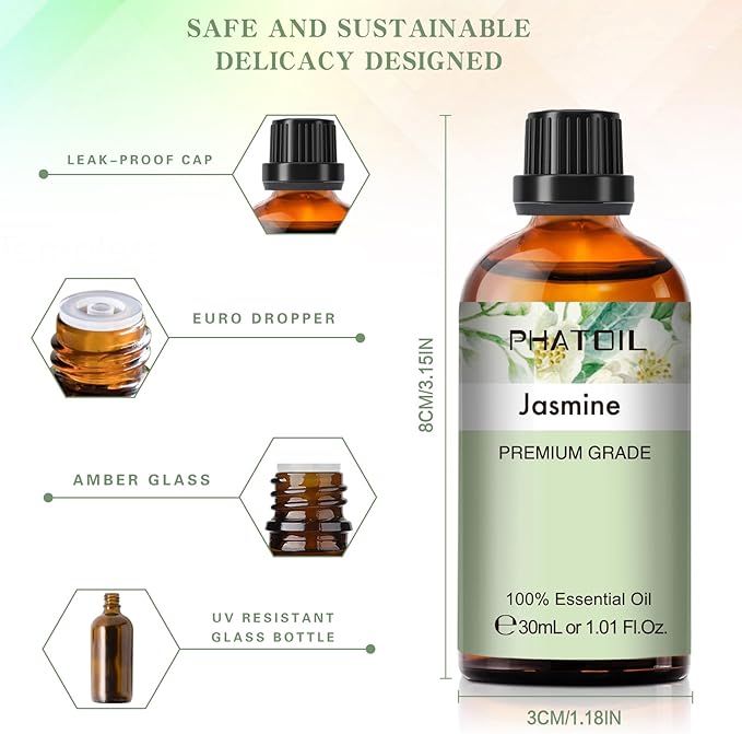 Jasmine Essential Oil 1.01fl.oz/30ml, PHATOIL Jasmine Oils Long Lasting Scents for Aromatherapy, Diffuser, DIY Soap and Candle Making PHATOIL