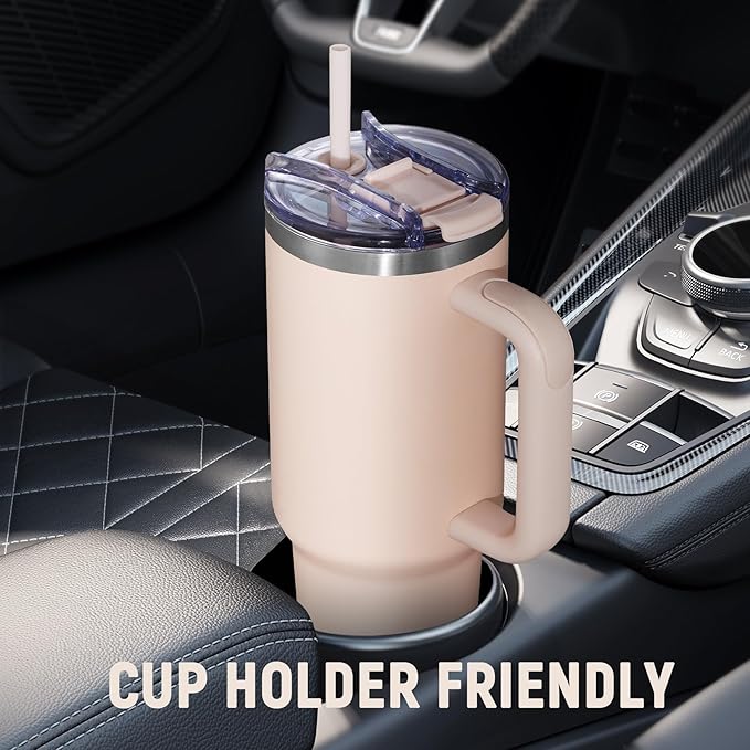 40 oz Tumbler with Handle and Straw Lid,Insulated Reusable Stainless Steel Water Bottle Travel Mug，Cupholder Friendly Double Wall Vacuum Sealed Cup (Rose Quartz) - Bloomnest