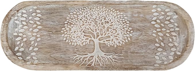 VANIYA CRAFTS® Wooden Handmade Tree of Life Design Boat Shape Incense Holder Stand Insence Tray for Sticks Home Decor Restaurant (11X4,Antique White) - Bloomnest
