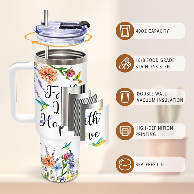 DUUV Christian Gifts for Women, Christian Tumbler 40 Oz with Handle, Faith Religious Gifts for Wife Girls Teen, Hummingbird Gift for Faith Lovers Women, Gift for Birthday Christmas Thanksgiving, 1PCS - Bloomnest