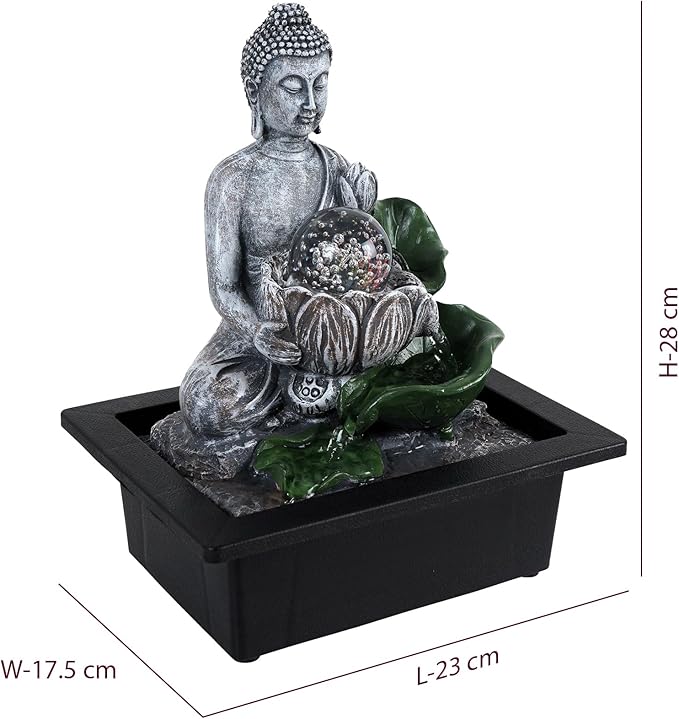 Buddha’S Lotus Tabletop Indoor Fountain for Home Decor Spiritual Decor for Home Office & Meditation Spaces (Height: 28 Cm) Black with Free Type-A Adapter - Bloomnest
