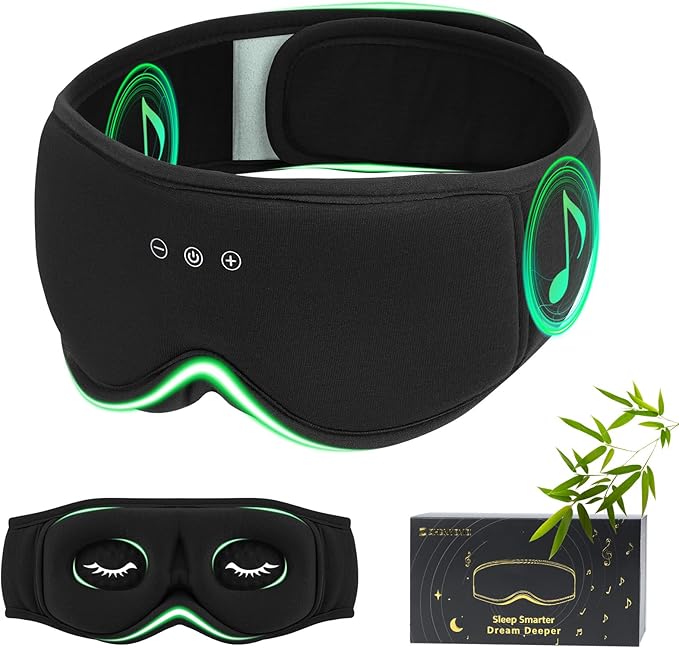 Bamboo Cotton Sleep Mask with Bluetooth Wireless Headphones - Blackout Eye Mask for Sleeping 3D Contoured Sleep Headband Ear Muffs Lengthen & Low Noise Hook for Better Experience (Black) - Bloomnest