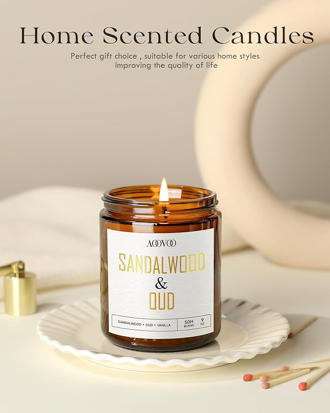 AOOVOO Sandalwood Oud Candle - Sandalwood Candle, Scented Candles, Soy Candles for Home Scented, 9oz - Bloomnest