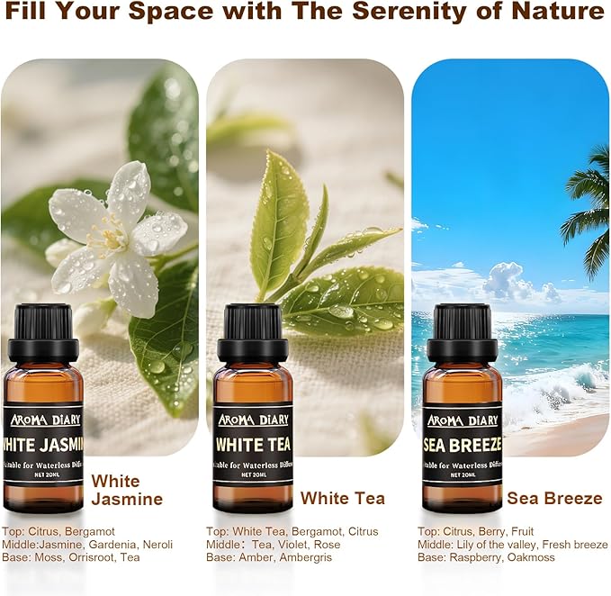 Essential Oil Set for Diffuser, 6x20ml Fragrance Oil Refill for Waterless Diffuser Candle Making for Home Car Office, Hotel Scents, White Tea, White Jasmine, Sea Breeze, Aromatherapy Gift - Bloomnest